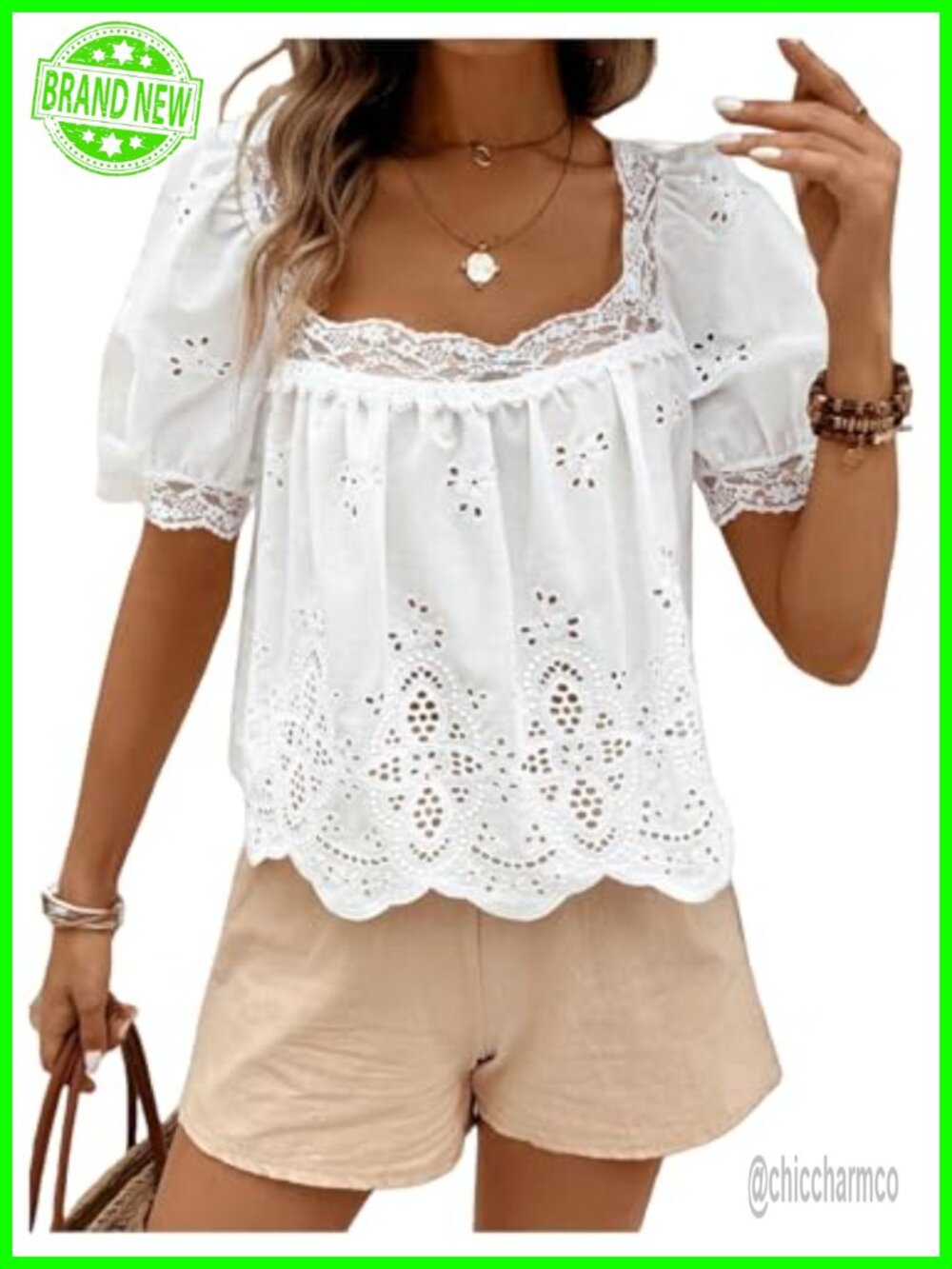 SweatyRocks Women's Polyester Eyelet Lace Puff Sleeve Embroidered Blouse